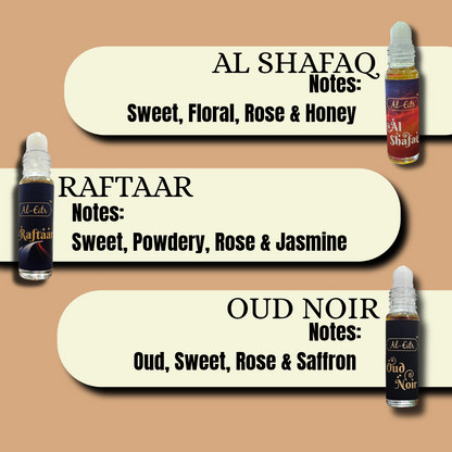 3 Pcs Al Shafaq, Raftaar, Oud Noir 6 ML each